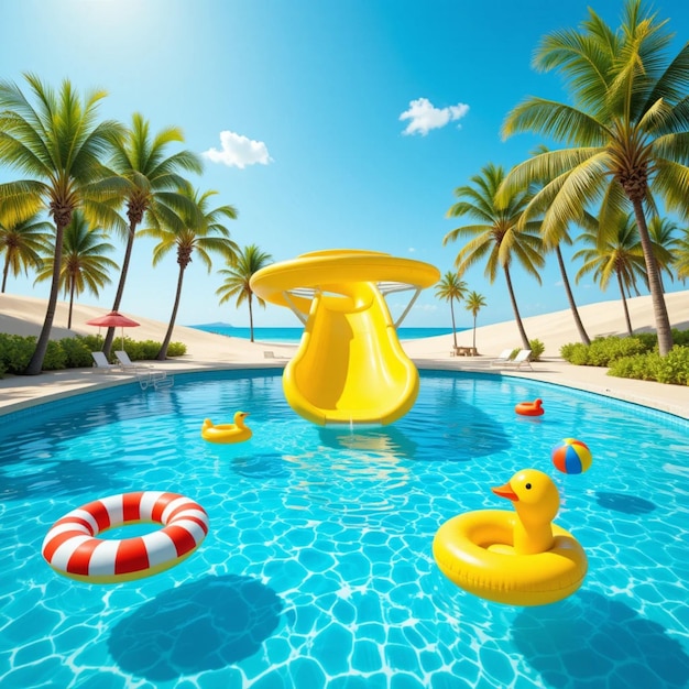 Summer Fun at the Pool Palm Trees Slides and Inflatables