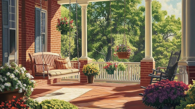 Sunny porch swing with rocking chair flowers and trees