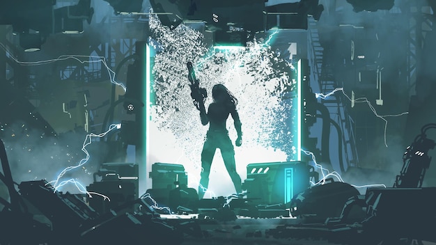 super soldier holding a futuristic gun standing in a laborary digital art style illustration