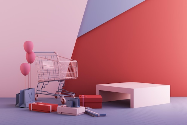 Supermarket shopping cart surrounding by giftbox and geometric shape on pink and blue background 3d rendering