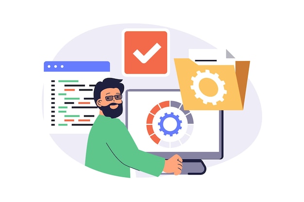 System administrator web concept with flat cartoon people for website design Man doing optimization to programs of server infrastructure fixing program code and monitoring Vector illustration