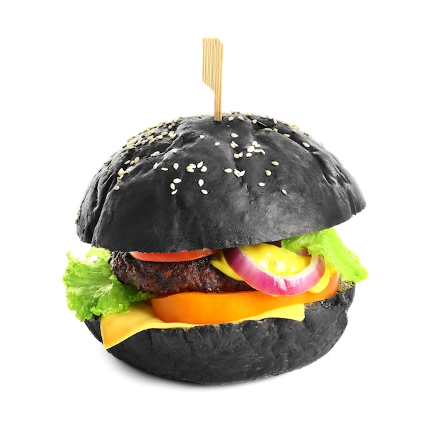 Tasty black burger on white background