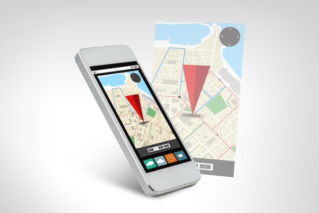 technology, navigation, location, application and electronics concept - white smarthphone with gps navigator map on screen