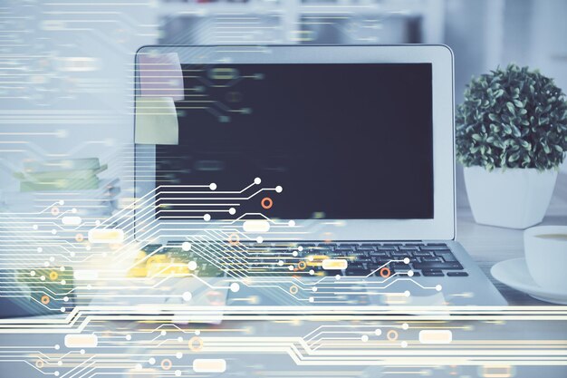 Technology theme drawing and table with computer Double exposure Concept of information