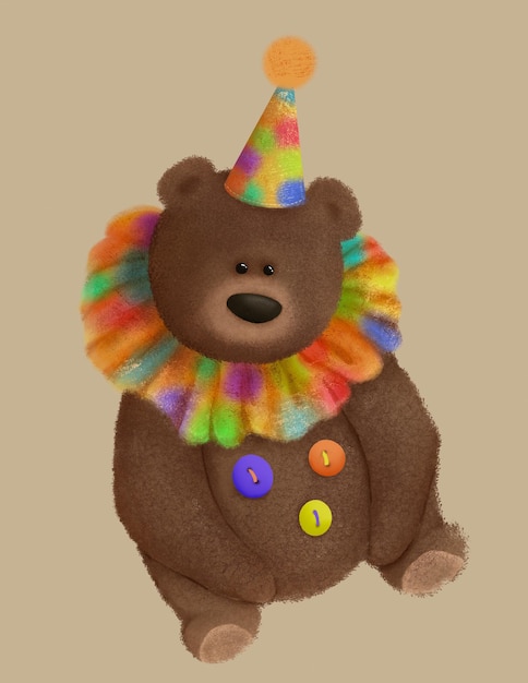Teddy bear clown, cute animal for kids room decoration, greeting card, bushman illustration, circus