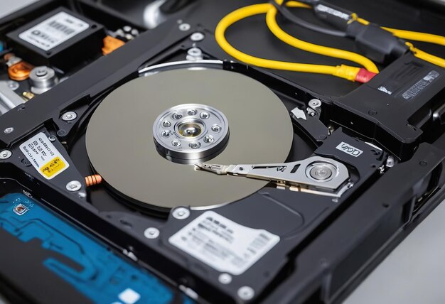 the abstract image of inside of hard disk drive on the technicians desk and a computer motherboard as a component the concept of data hardware and information technology