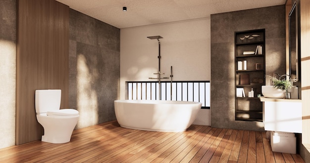 The Bath and toilet on bathroom japanese wabi sabi style 3D rendering