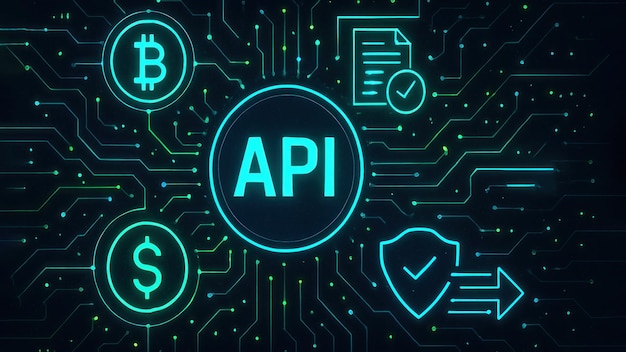 The digital environment with api surrounded by icons and data flows on a dark background application programming interface api api programming