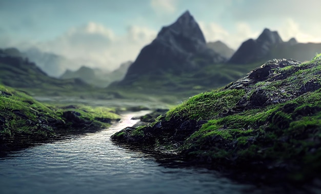 the forest is reflected in the lake blue clouds beautiful view of nature 3d render raster illustration