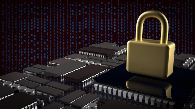 The Gold lock and PCB board for IT security concept 3d rendering
