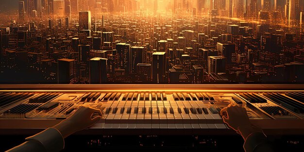 the hands on the keyboard from a computer screen in the background