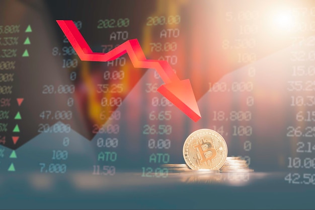 The pile of coins have a virtual screen effect stock chart showing rising stock sign