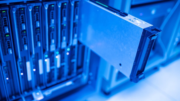 the server room tells the computer server that is working continuously convey the power and progress