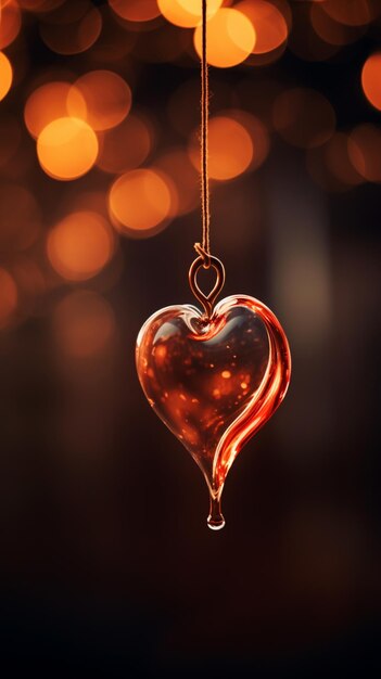 There is a glass heart hanging from a string with lights in the background generative ai