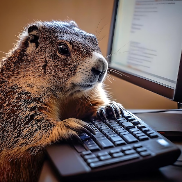 there is a groundhog sitting on a desk next to a computer