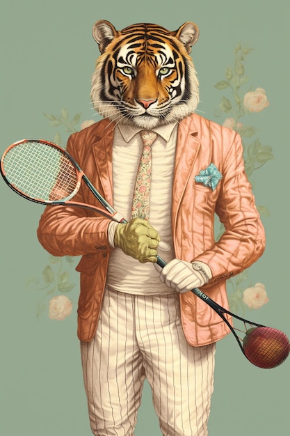 there is a tiger in a suit and holding a tennis racket ai generative