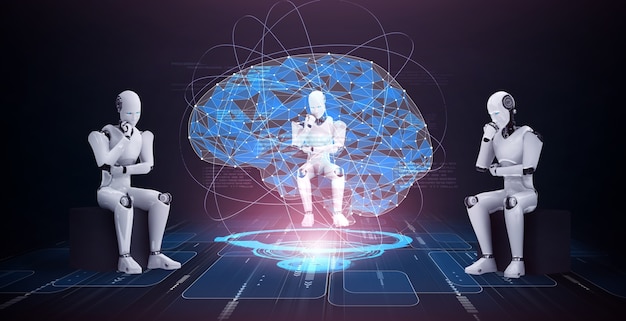 Thinking AI humanoid robot analyzing hologram screen