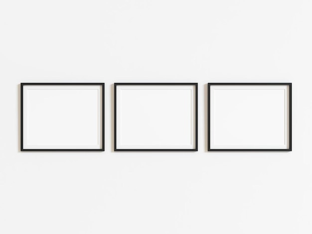 Three black horizontal frames mockup on white wall 3d illustration