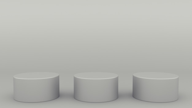 three cylindrical podiums gray scene minimal 3d rendering modern minimalistic