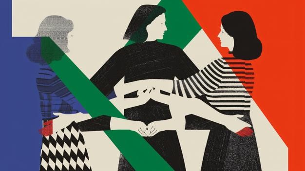 three diverse women of different ages sitting together on a bench in a park holding hands in unity