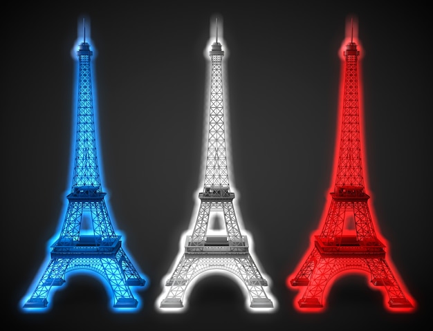 three eiffel towers glow in french flag colors on a black background