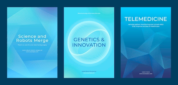 Three futuristic posters on science genetics and telemedicine Blue with abstract designs Keywords science genetics telemedicine innovation Medical technology healthcare template vector set