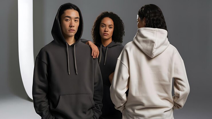 three people wearing hoodies and one has a white hoodie on