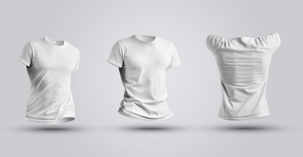 Three tempalte of white realistic 3d t-shirt isolated on white background. Men's clothing mockup ready to use for your design presentation.