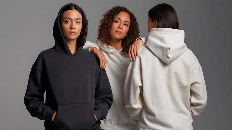 three women pose for a photo with one wearing a black hoodie