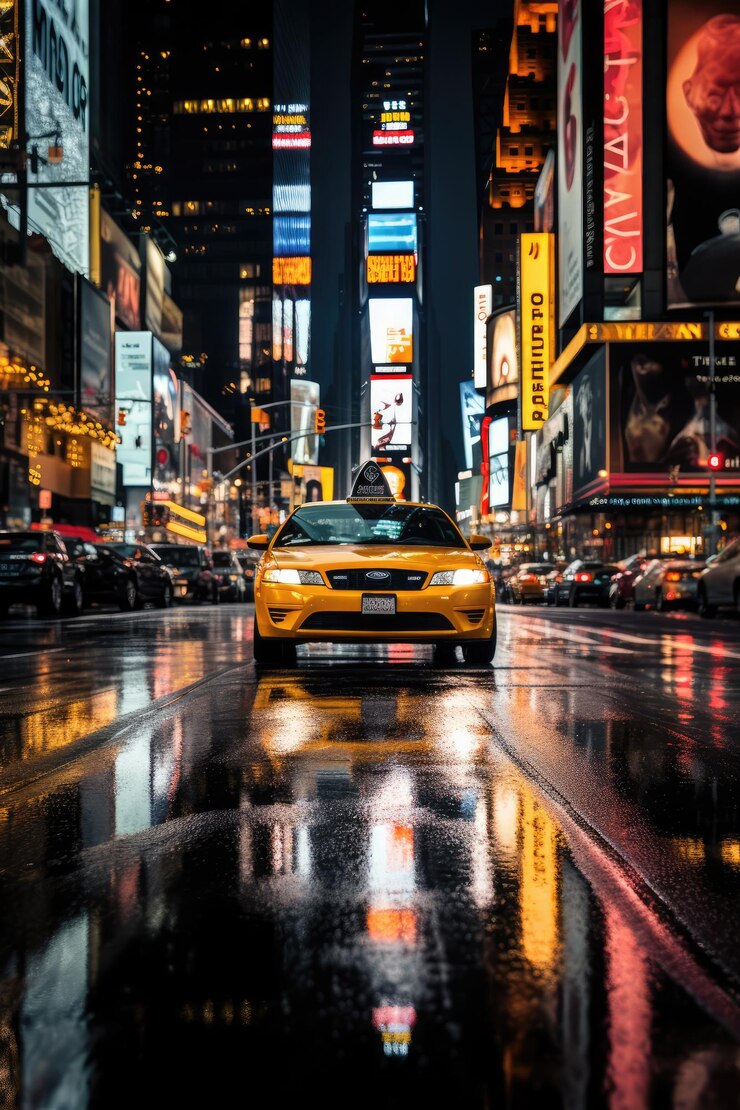 Time square street at night with cars and taxis hyperrealism details ai generated