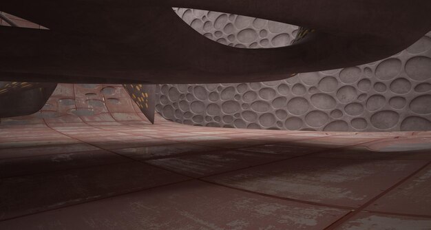 Tomt, jevnt og abstrakt rominteriør med plater av rustet metall. Arkitektonisk 3D-bakgrunn