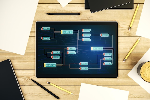 Top view of modern digital tablet display with abstract software development hologram research and analytics concept 3D Rendering