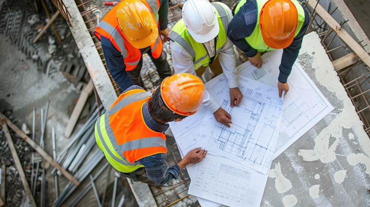 Foto top view of professional civil engineer planning building construction aig53f