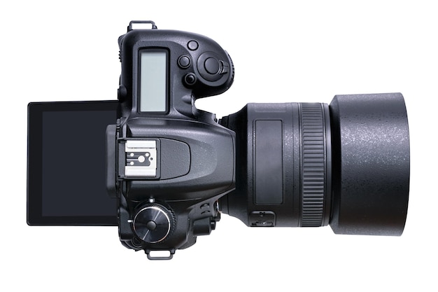 Topputsikt av et nytt moderne svart DSLR kamera isolert på en hvit bakgrunn PNG fil med gjennomsiktig bakgrunn