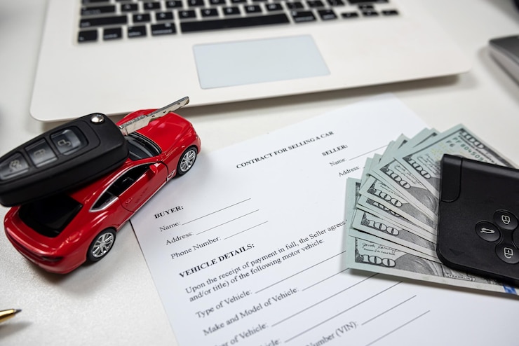 Foto toy car with key dollar and laptop document for buy or rent auto at office desk