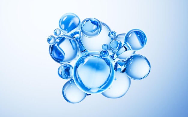 Transparent blue molecule and water bubbles 3d rendering