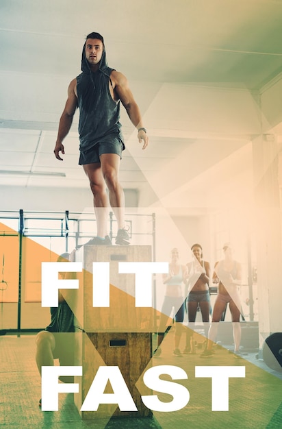 Treningstrening overlay og treningsmelding med mann som gjør trening og trening med sitat Sportsord idrettsutøver og motivasjon for velvære helse og mennesker med personlig trener på cardioklubb