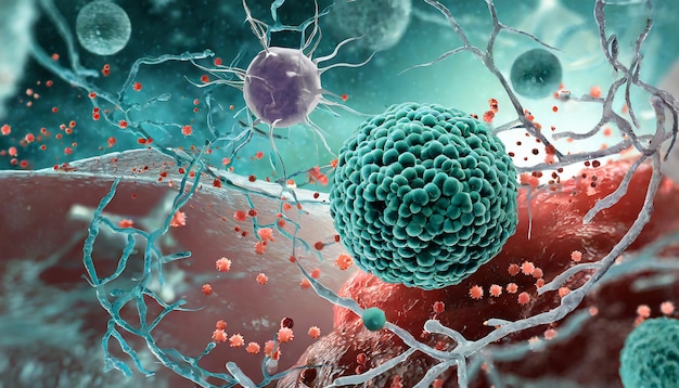 Tumor microenvironment background with cancer cells TCells nanoparticles molecules
