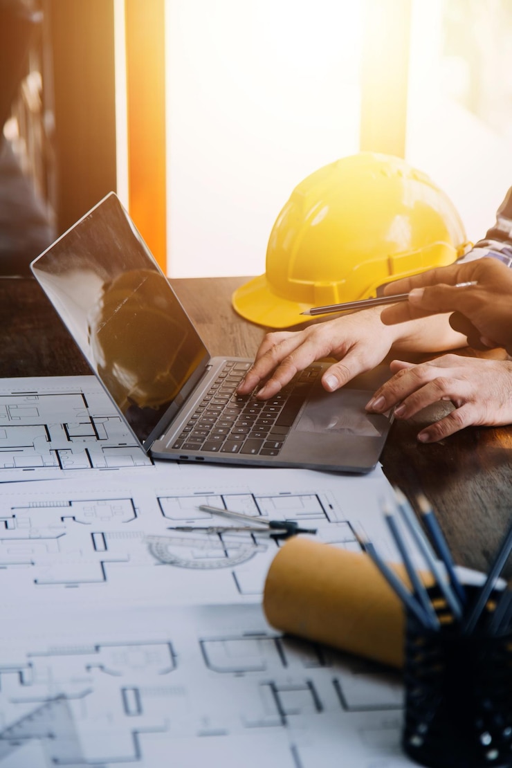 Foto two business man construction site engineer engineering objects on workplace with partners interacting on background