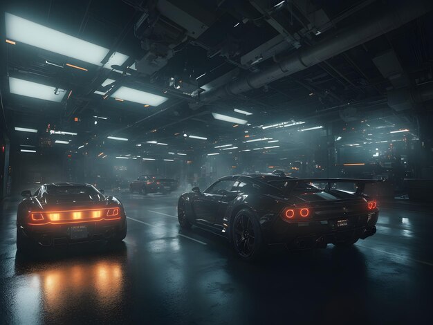 two cars with lights on and one with the other with the number 3 on the back
