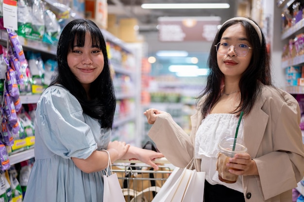 Two happy young Asian women shop together in a grocery store walking with a shopping cart