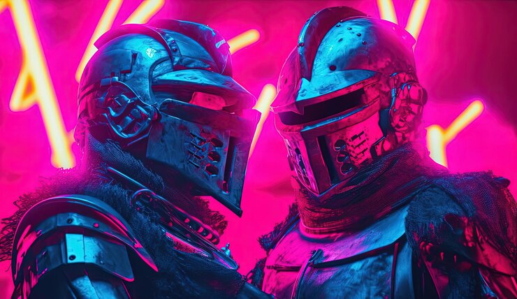 Foto two knights with wands are standing next to each other in the style of neon lighting