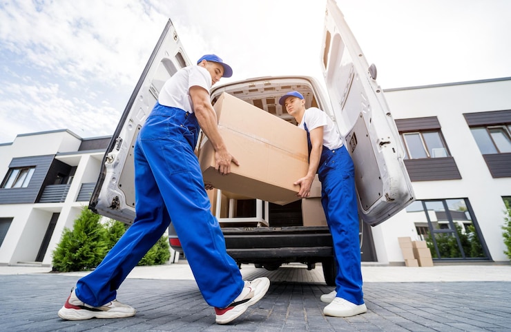 Foto two removal company workers unloading boxes and furniture from minibus