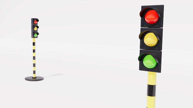 two traffic lights on white stage signaling and traffic theme 3d rendering