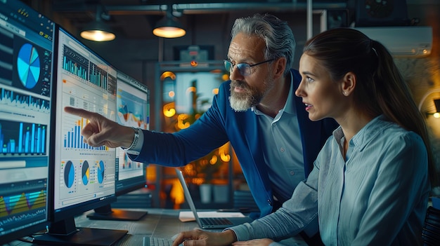 Two white coworkers man and woman data analysts working together in office looking at data chart graph analysis pointing finger at computer