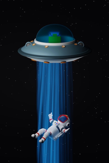UFO kidnapping astronaut abduct human with ray of light science technology space discovery 3D render