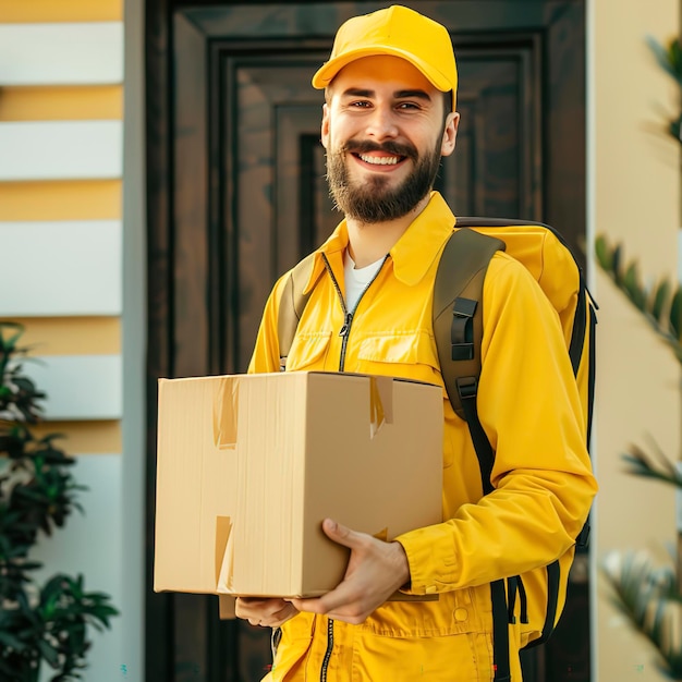 Ung smilende mann i caps og uniform som holder en pappeske ved døren Levering