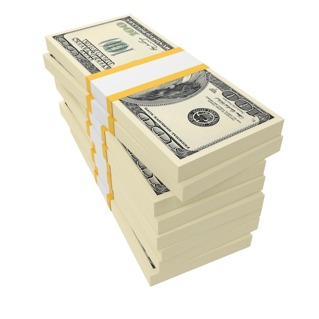 USA dollar bill stacks isolated on white 3D rendering