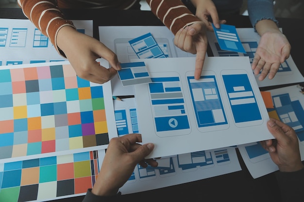 Ux Graphic designer creative sketch planning application process development prototype wireframe for web mobile phone User experience concept