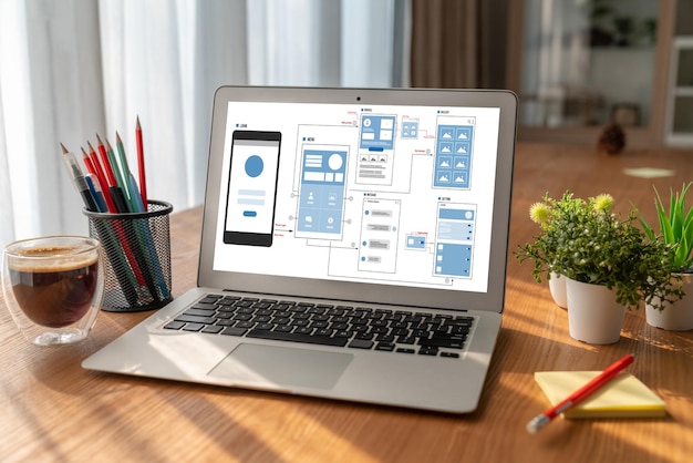 UX UI design process for modish mobile application and website Creative prototype of wireframe for professional app developer